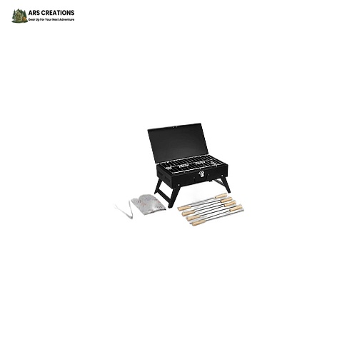 ARS Creations Portable Folding Charcoal BBQ Grill with Skewers & Glove